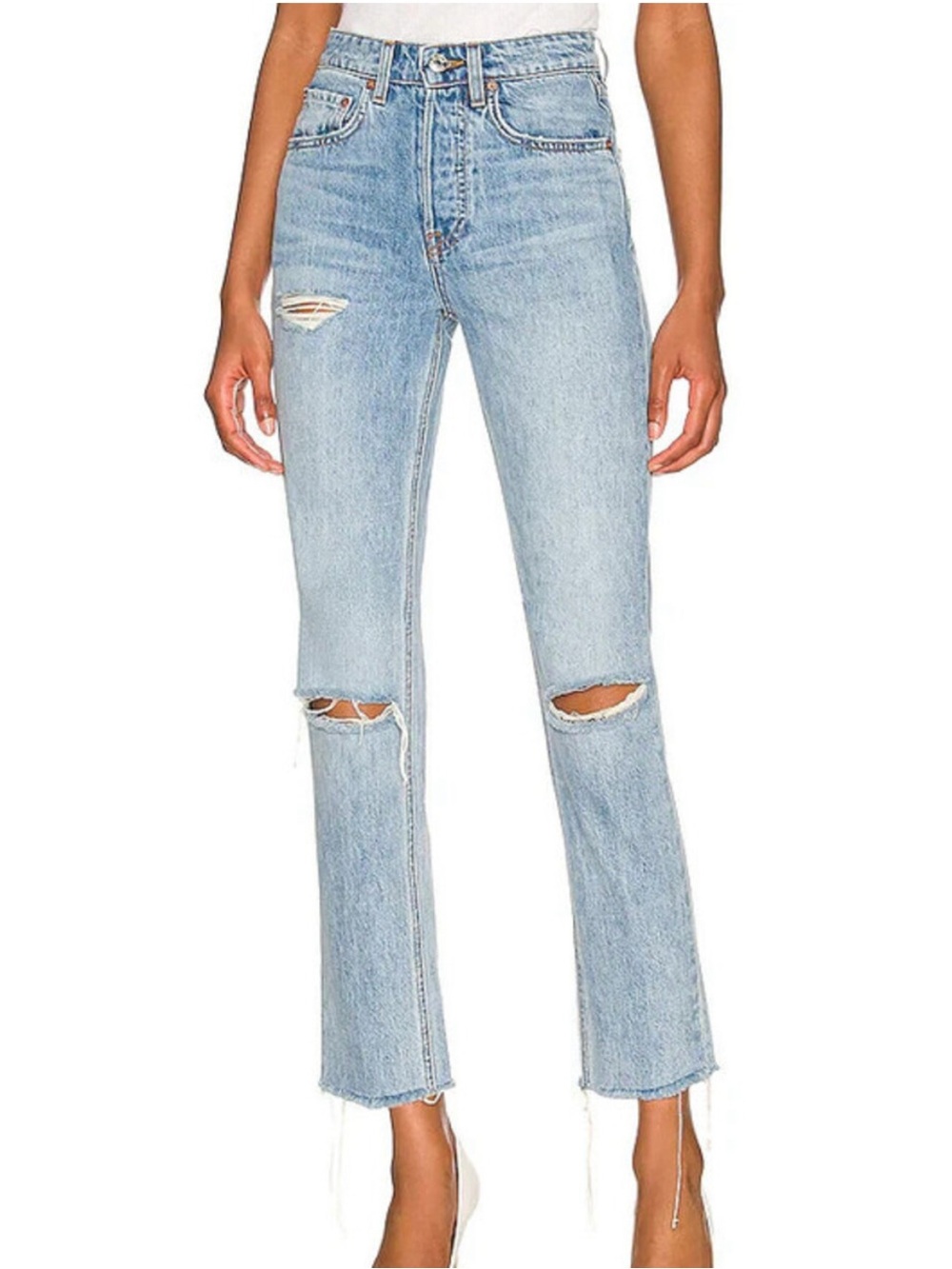 GRLFND The Petite Carolina High Rise Straight Crop Frayed Blue Jeans Size 26